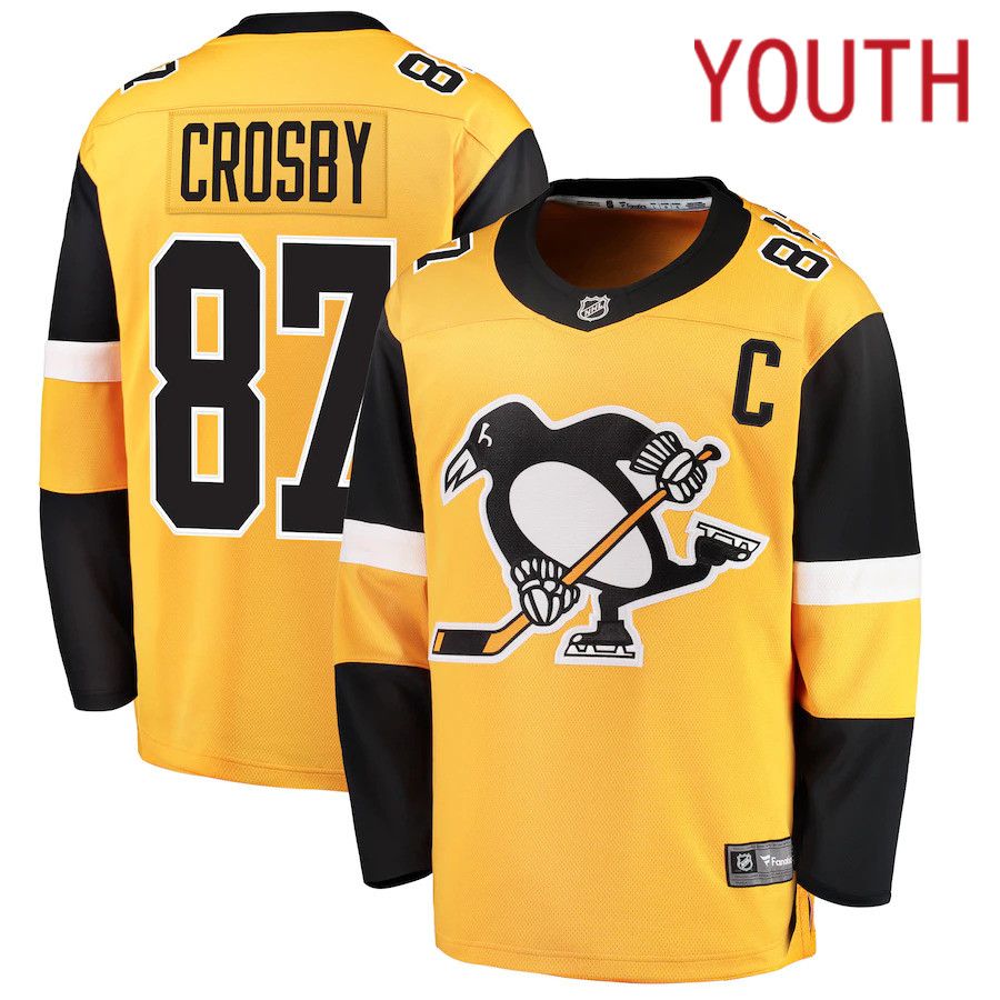 Youth Pittsburgh Penguins #87 Sidney Crosby Fanatics Branded Gold Alternate Breakaway Player NHL Jersey-0